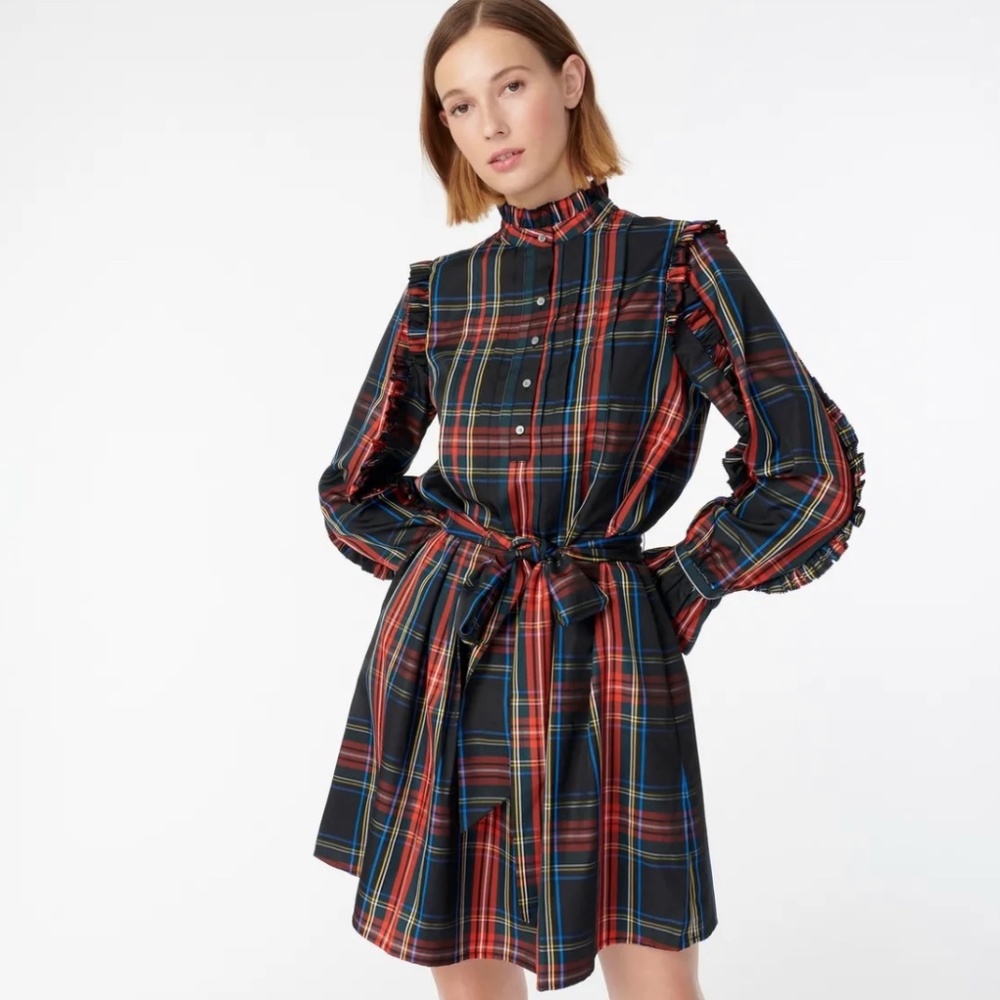 J Crew Belted Ruffle Dress in Black Stewart Tartan Plaid AT597